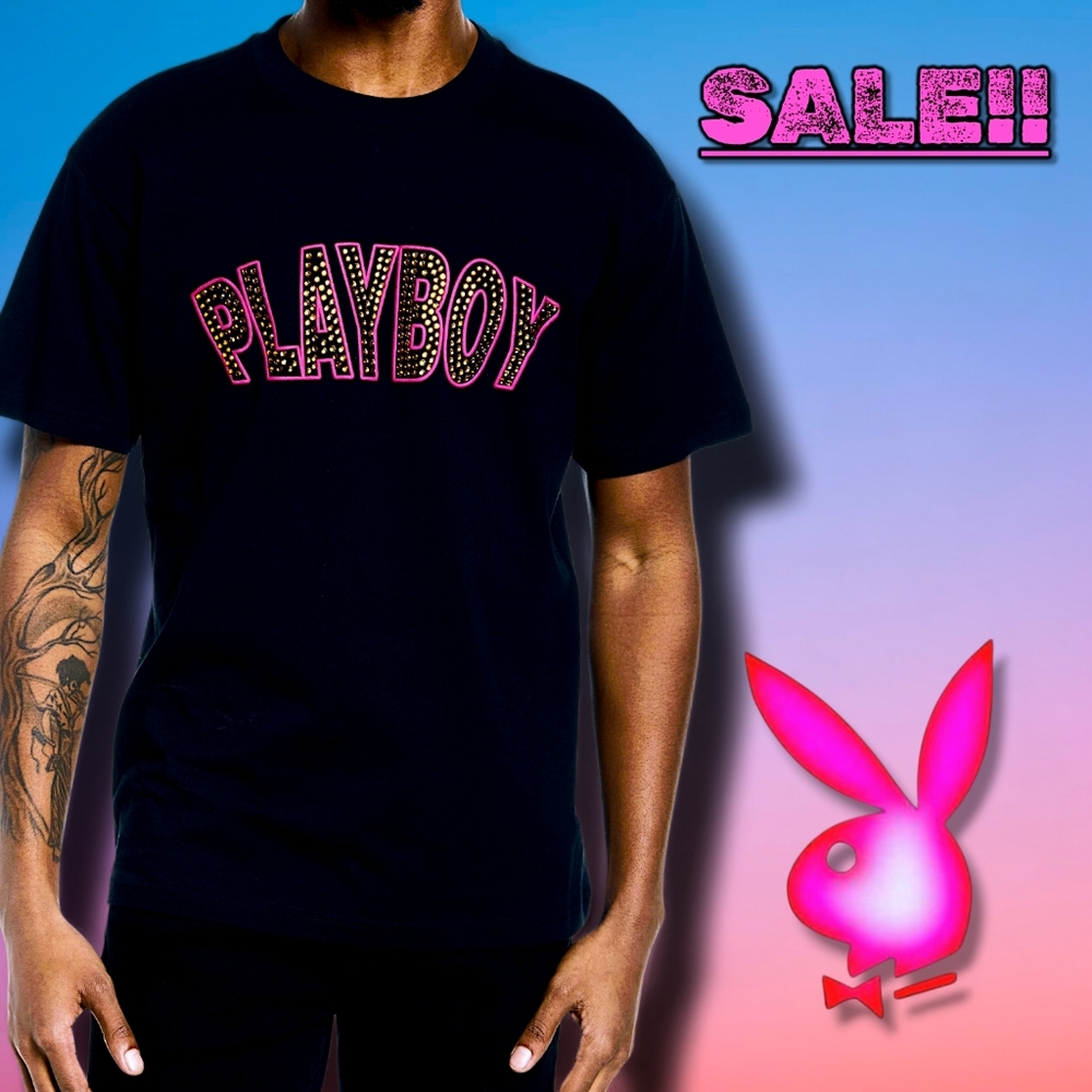 Playboy by PacSun Black Rhinestone Logo Slots Graphic Short Sleeve Tee Size XL